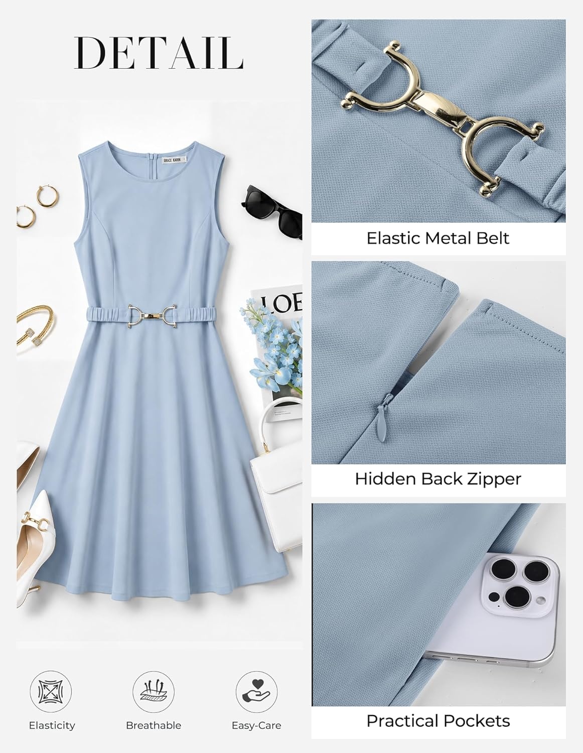 image:imageGRACE KARIN Womens Summer Work Dress 2026 Sleeveless Crewneck A Line Midi Dresses Flowy Business Dresses Outfits with PocketsLight Blue