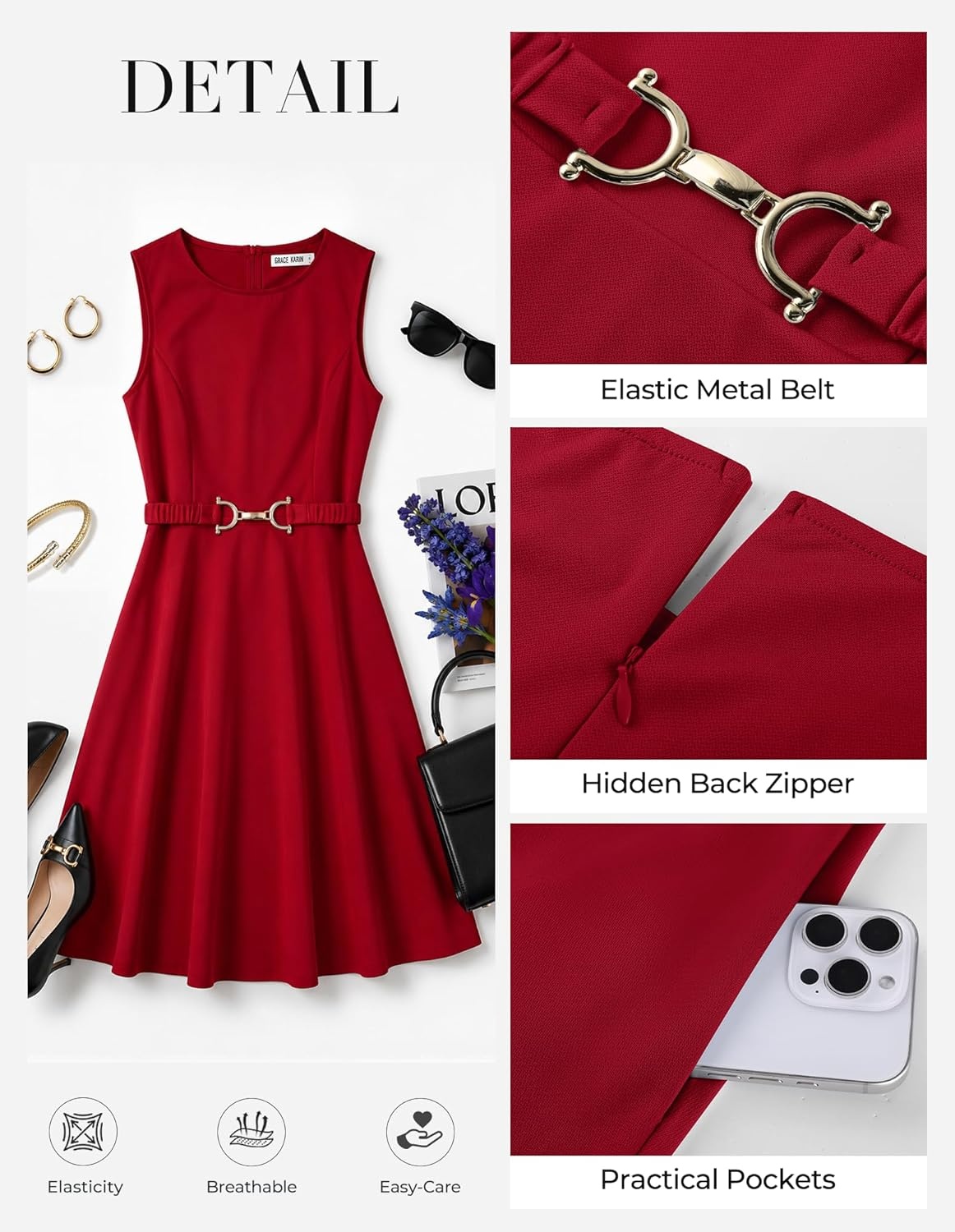 image:imageGRACE KARIN Womens Summer Work Dress 2026 Sleeveless Crewneck A Line Midi Dresses Flowy Business Dresses Outfits with PocketsRed