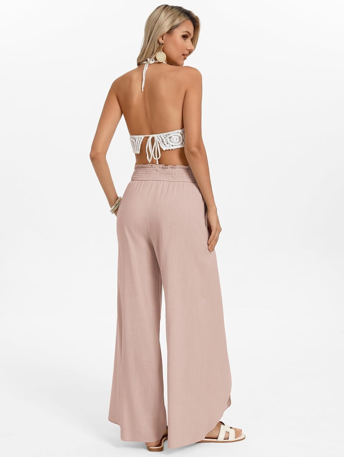 image:imageGRACE KARIN Womens Wide Leg Summer Pants Flowy Side Split Palazzo Beach Pants Boho Drawstring High Waisted TrousersLight Pink