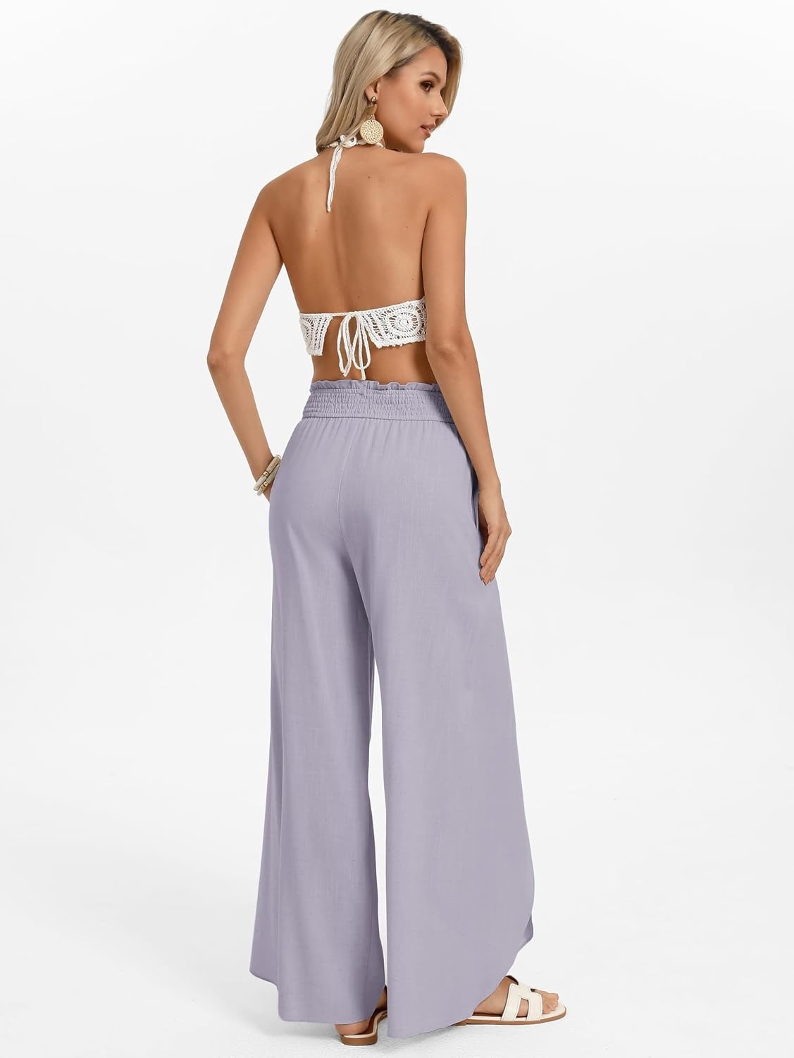 image:imageGRACE KARIN Womens Wide Leg Summer Pants Flowy Side Split Palazzo Beach Pants Boho Drawstring High Waisted TrousersLight Purple