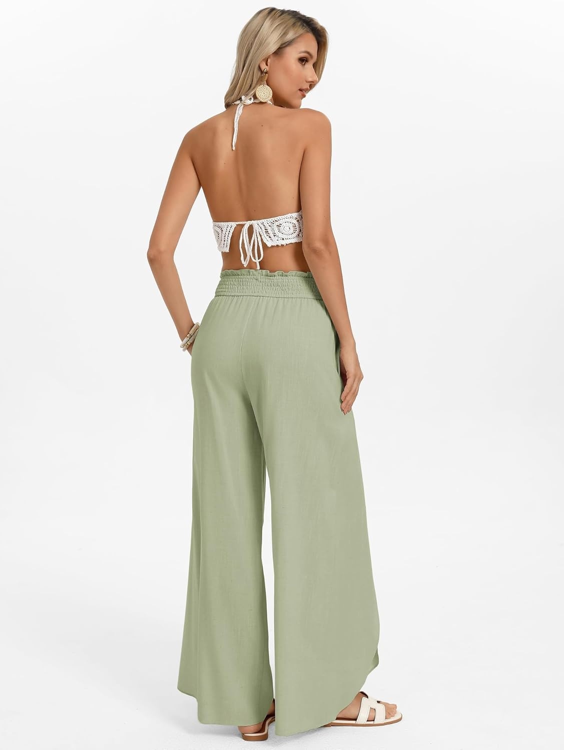 image:imageGRACE KARIN Womens Wide Leg Summer Pants Flowy Side Split Palazzo Beach Pants Boho Drawstring High Waisted TrousersShell Green