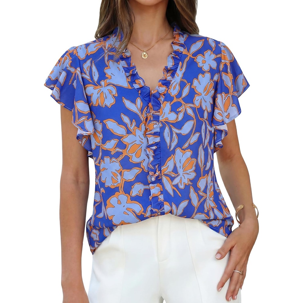 image:imageGRACE KARIN 2026 Boho Tops for Women Dressy CasualRuffle Sleeve Chiffon Blouses Floral ShirtsV Neck Summer Fashion ClothesBlue Orange