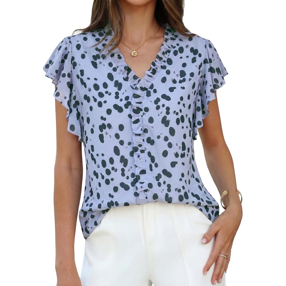image:imageGRACE KARIN 2026 Boho Tops for Women Dressy CasualRuffle Sleeve Chiffon Blouses Floral ShirtsV Neck Summer Fashion ClothesBlue Polka Dot