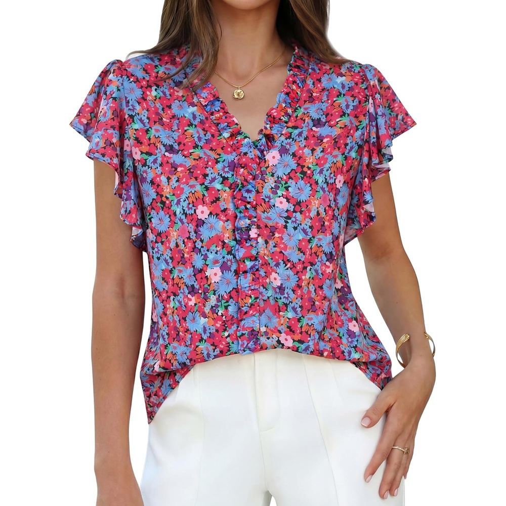 image:imageGRACE KARIN 2026 Boho Tops for Women Dressy CasualRuffle Sleeve Chiffon Blouses Floral ShirtsV Neck Summer Fashion ClothesBlue Red
