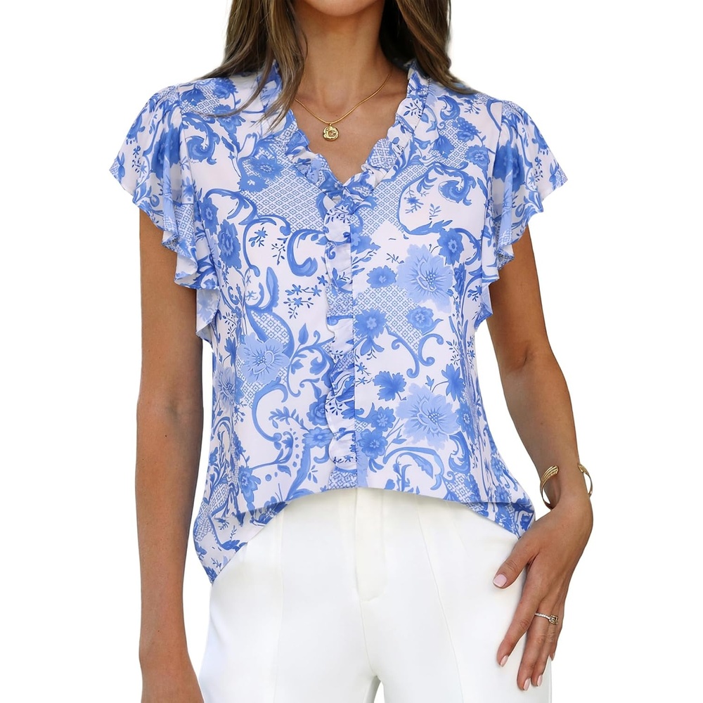 image:imageGRACE KARIN 2026 Boho Tops for Women Dressy CasualRuffle Sleeve Chiffon Blouses Floral ShirtsV Neck Summer Fashion ClothesBlue White