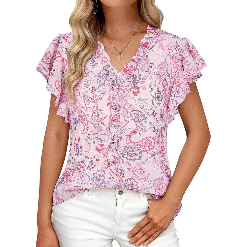 image:imageGRACE KARIN 2026 Boho Tops for Women Dressy CasualRuffle Sleeve Chiffon Blouses Floral ShirtsV Neck Summer Fashion ClothesPink