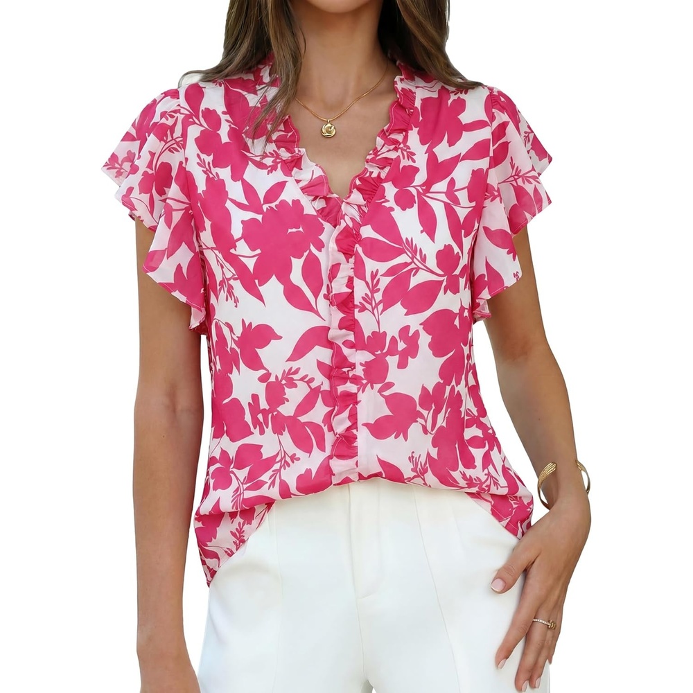 image:imageGRACE KARIN 2026 Boho Tops for Women Dressy CasualRuffle Sleeve Chiffon Blouses Floral ShirtsV Neck Summer Fashion ClothesRose Red