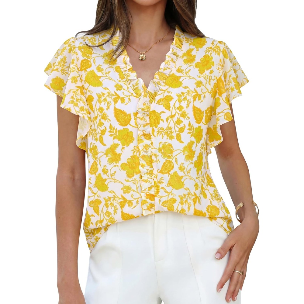 image:imageGRACE KARIN 2026 Boho Tops for Women Dressy CasualRuffle Sleeve Chiffon Blouses Floral ShirtsV Neck Summer Fashion ClothesYellow White
