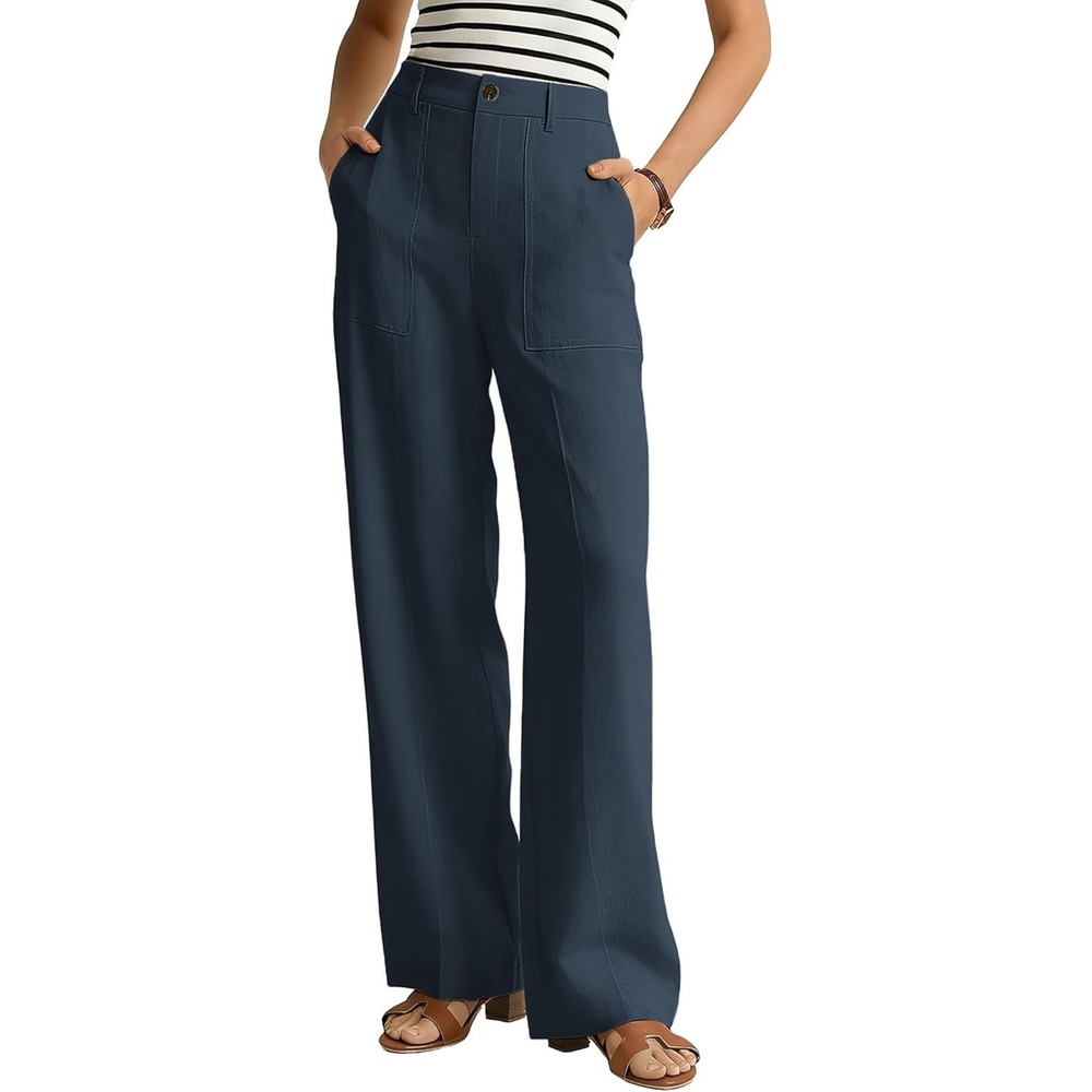 image:imageGRACE KARIN Linen Pants for WomenWork Dressy Trousers with PocketsHigh Waist Wide Leg Summer Comfy Slacks Pant ClothesNavy Blue