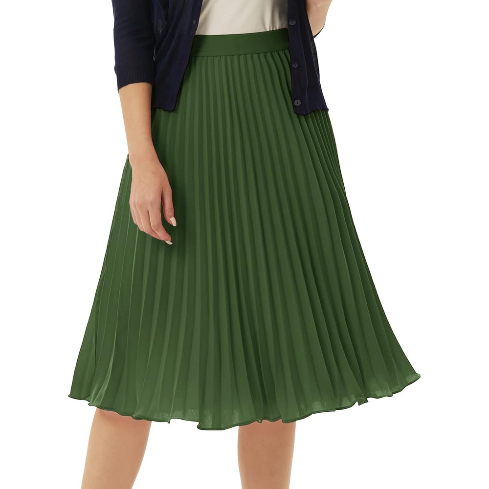 image:imageGRACE KARIN Pleated Midi Skirt for WomenChiffon Elastic High Waist Knee Length SkirtsSwing Flare ALine OutfitsAmry Green