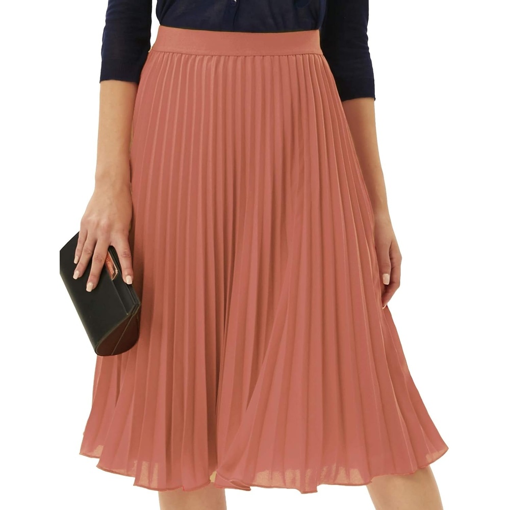image:imageGRACE KARIN Pleated Midi Skirt for WomenChiffon Elastic High Waist Knee Length SkirtsSwing Flare ALine OutfitsDark Salmon