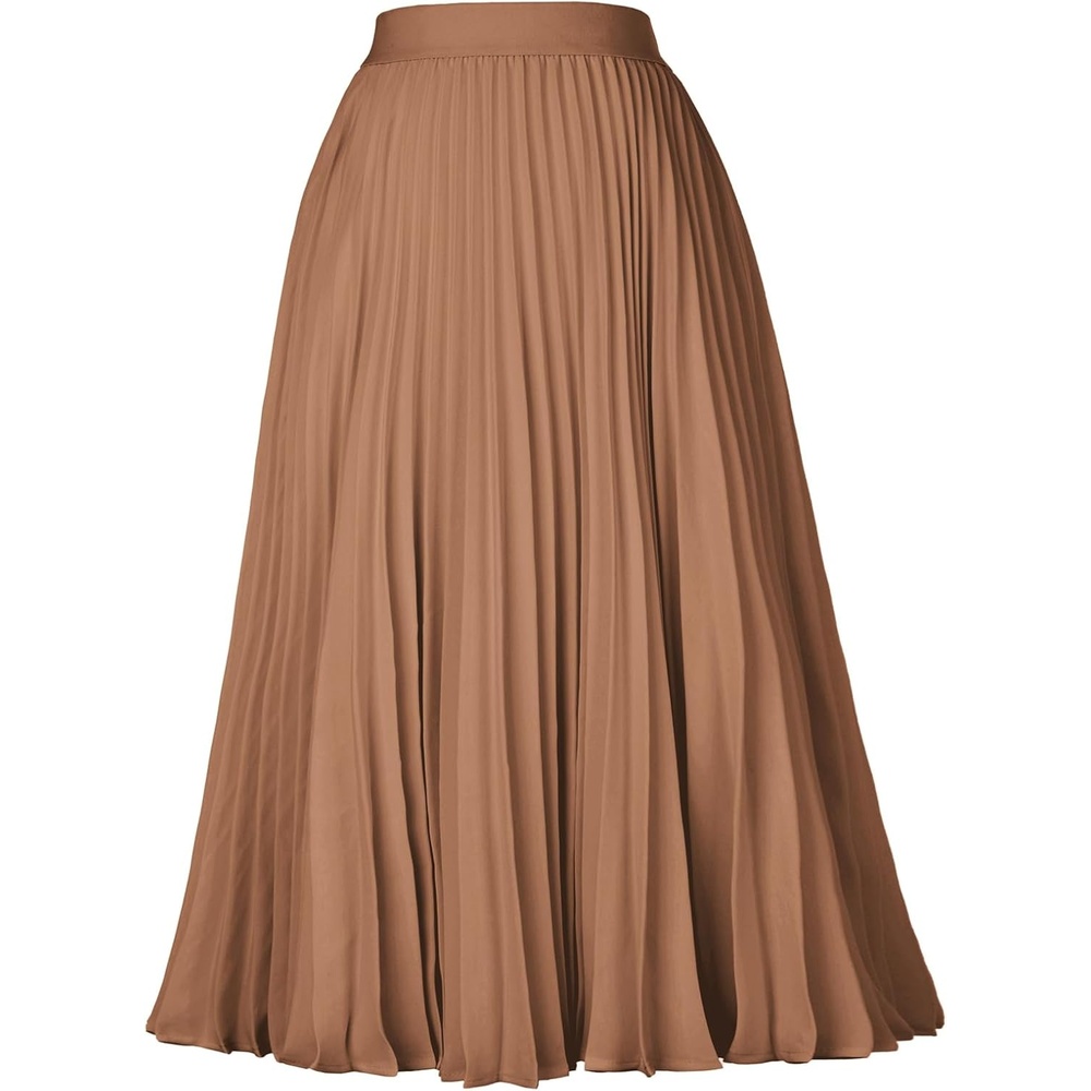 image:imageGRACE KARIN Pleated Midi Skirt for WomenChiffon Elastic High Waist Knee Length SkirtsSwing Flare ALine OutfitsDeep Khaki