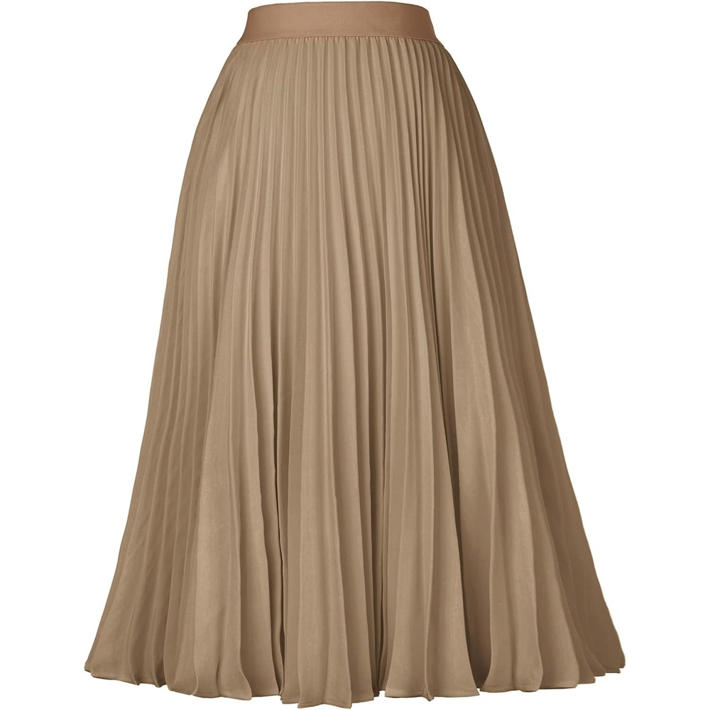 image:imageGRACE KARIN Pleated Midi Skirt for WomenChiffon Elastic High Waist Knee Length SkirtsSwing Flare ALine OutfitsKhaki