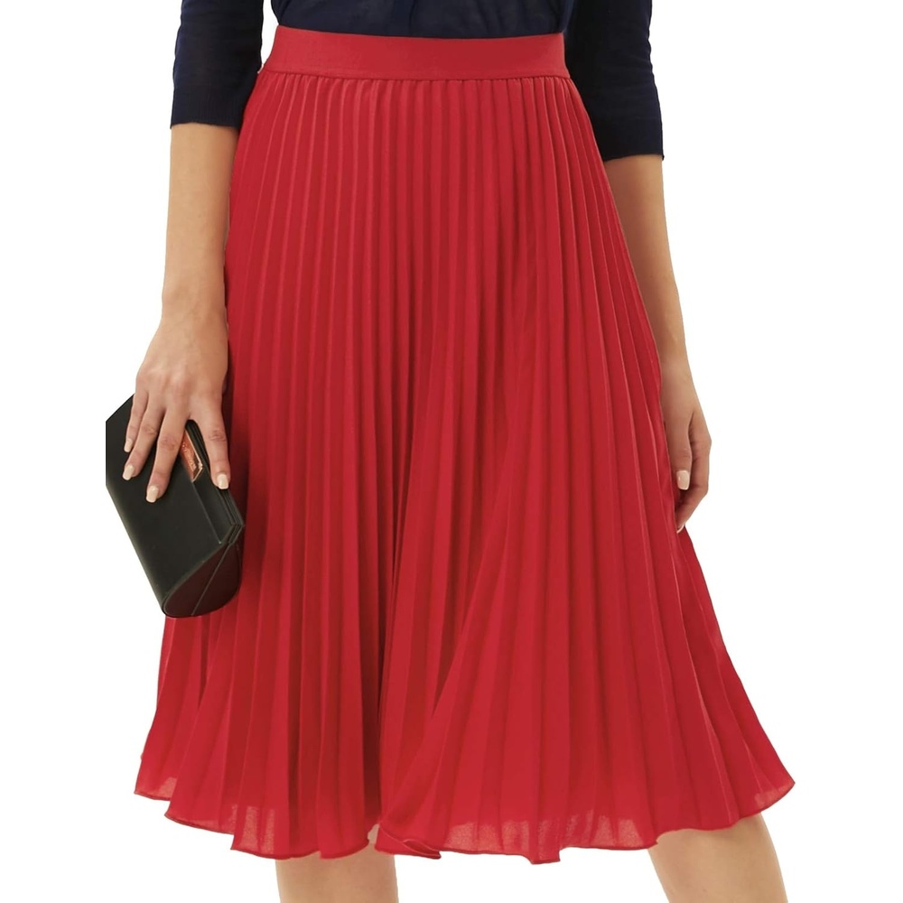 image:imageGRACE KARIN Pleated Midi Skirt for WomenChiffon Elastic High Waist Knee Length SkirtsSwing Flare ALine OutfitsRed
