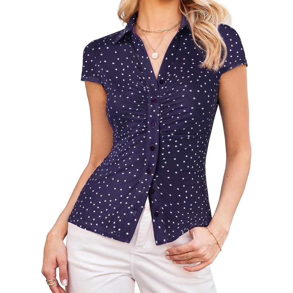 image:imageGRACE KARIN Women Mesh Boho Tops Dressy Casual Floral Short Sleeve Button Down Collared Blouses 2026 Fashion Summer ClothesNavy Blue Polka Dot