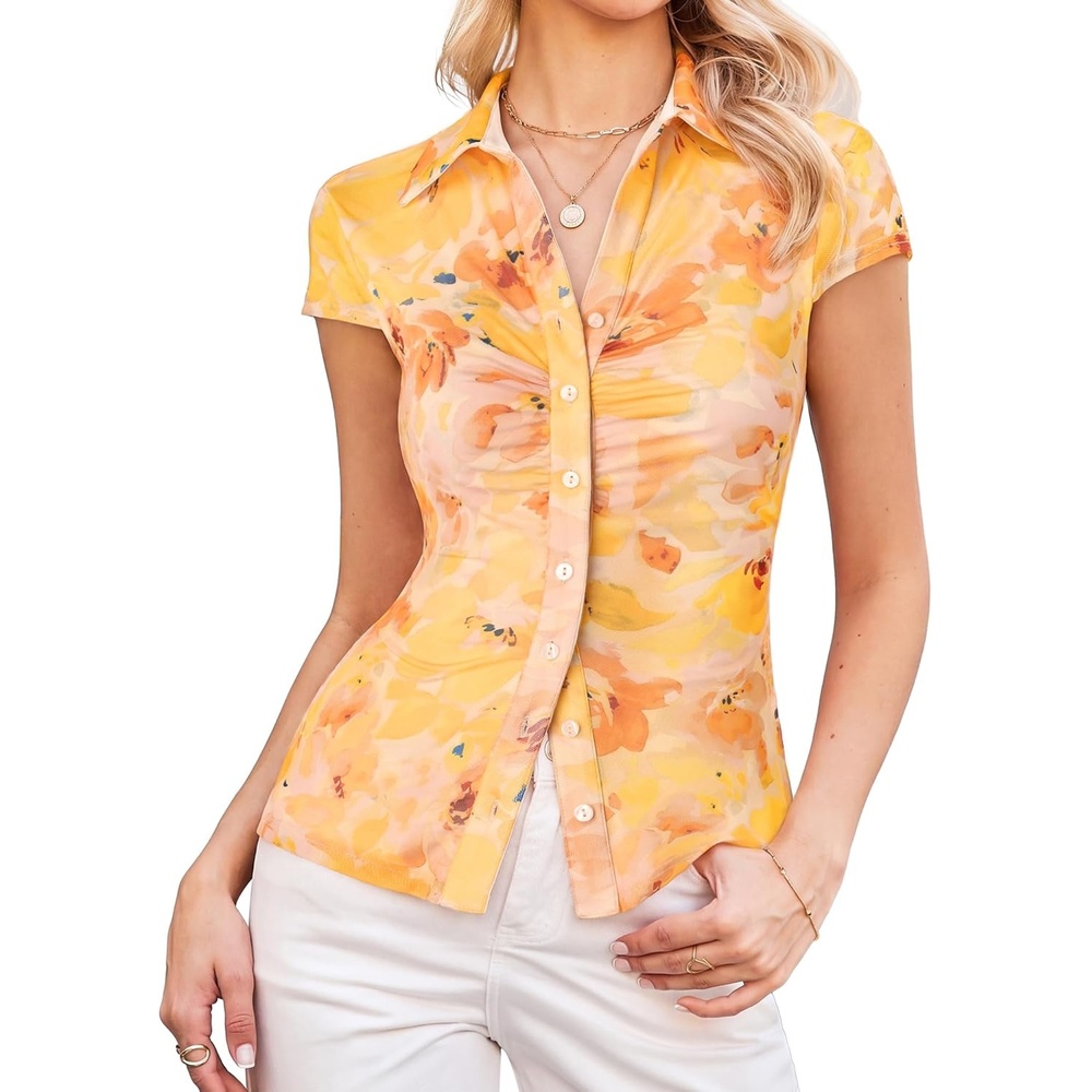 image:imageGRACE KARIN Women Mesh Boho Tops Dressy Casual Floral Short Sleeve Button Down Collared Blouses 2026 Fashion Summer ClothesYellow Orange
