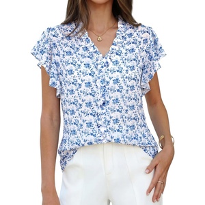 GRACE KARIN 2026 Boho Tops for Women Dressy Casual,Ruffle Sleeve Chiffon Blouses Floral Shirts,V Neck Summer Fashion Clothes(Blue Floral)