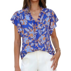 GRACE KARIN 2026 Boho Tops for Women Dressy Casual,Ruffle Sleeve Chiffon Blouses Floral Shirts,V Neck Summer Fashion Clothes(Blue Orange)