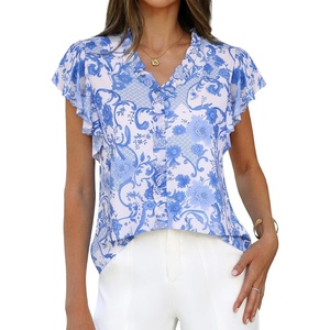 GRACE KARIN 2026 Boho Tops for Women Dressy Casual,Ruffle Sleeve Chiffon Blouses Floral Shirts,V Neck Summer Fashion Clothes(Blue White)