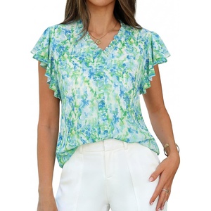 GRACE KARIN 2026 Boho Tops for Women Dressy Casual,Ruffle Sleeve Chiffon Blouses Floral Shirts,V Neck Summer Fashion Clothes(Green)
