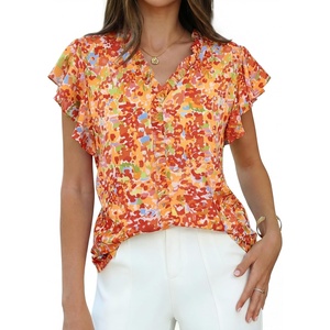 GRACE KARIN 2026 Boho Tops for Women Dressy Casual,Ruffle Sleeve Chiffon Blouses Floral Shirts,V Neck Summer Fashion Clothes(Orange)