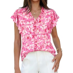 GRACE KARIN 2026 Boho Tops for Women Dressy Casual,Ruffle Sleeve Chiffon Blouses Floral Shirts,V Neck Summer Fashion Clothes(Pink Floral)