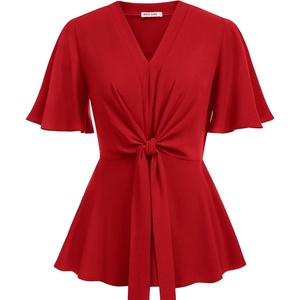 GRACE KARIN 2026 Women’s Elegant V Neck Peplum Tops Tie Front Short Bell Sleeve Shirts Tops Blouse(Red)