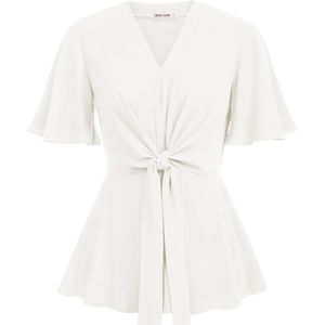GRACE KARIN 2026 Women’s Elegant V Neck Peplum Tops Tie Front Short Bell Sleeve Shirts Tops Blouse(White)