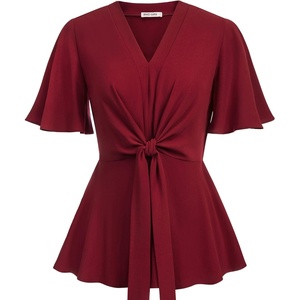 GRACE KARIN 2026 Women’s Elegant V Neck Peplum Tops Tie Front Short Bell Sleeve Shirts Tops Blouse(Wine Red)