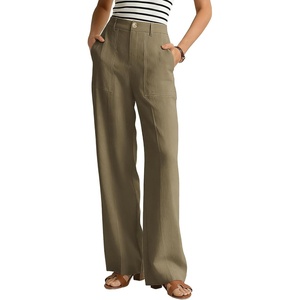 GRACE KARIN Linen Pants for Women,Work Dressy Trousers with Pockets,High Waist Wide Leg Summer Comfy Slacks Pant Clothes(Brown)