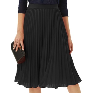 GRACE KARIN Pleated Midi Skirt for Women,Chiffon Elastic High Waist Knee Length Skirts,Swing Flare A-Line Outfits(Black)