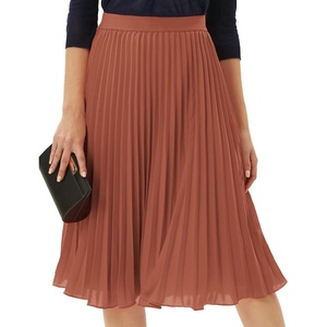 GRACE KARIN Pleated Midi Skirt for Women,Chiffon Elastic High Waist Knee Length Skirts,Swing Flare A-Line Outfits(Brown)