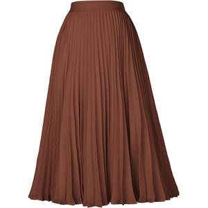 GRACE KARIN Pleated Midi Skirt for Women,Chiffon Elastic High Waist Knee Length Skirts,Swing Flare A-Line Outfits(Caramel)
