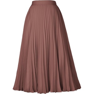 GRACE KARIN Pleated Midi Skirt for Women,Chiffon Elastic High Waist Knee Length Skirts,Swing Flare A-Line Outfits(Light Brown)