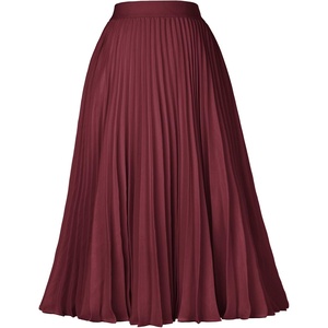 GRACE KARIN Pleated Midi Skirt for Women,Chiffon Elastic High Waist Knee Length Skirts,Swing Flare A-Line Outfits(Wine Red)