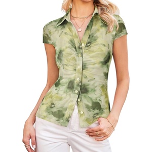 GRACE KARIN Women Mesh Boho Tops Dressy Casual, Floral Short Sleeve Button Down Collared Blouses, 2026 Fashion Summer Clothes(Green Tie Dye)