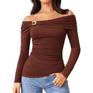 GRACE KARIN Women’s Long Sleeve Off Shoulder Tops Sexy Slim Fitted Y2K Going Out Tops Fall Fashion Outfits 2026(Coffee)