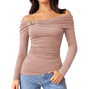 GRACE KARIN Women’s Long Sleeve Off Shoulder Tops Sexy Slim Fitted Y2K Going Out Tops Fall Fashion Outfits 2026(Pink)
