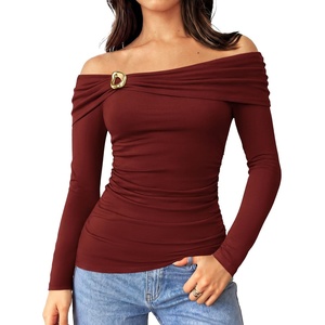 GRACE KARIN Women’s Long Sleeve Off Shoulder Tops Sexy Slim Fitted Y2K Going Out Tops Fall Fashion Outfits 2026(Wine Red)