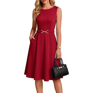 GRACE KARIN Womens Summer Work Dress 2026 Sleeveless Crewneck A Line Midi Dresses Flowy Business Dresses Outfits with Pockets(Red)