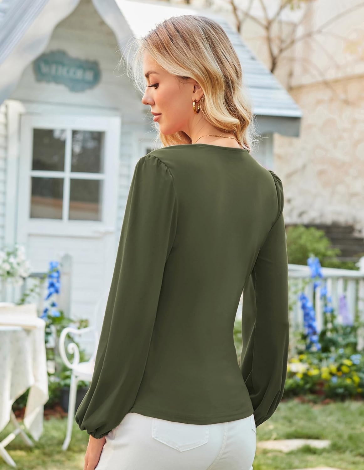 image:imageGRACE KARIN Long Sleeve Blouses for Women Dressy Casual Wrap Tops Work Shirts 2026 Summer Business OutfitsArmy Green