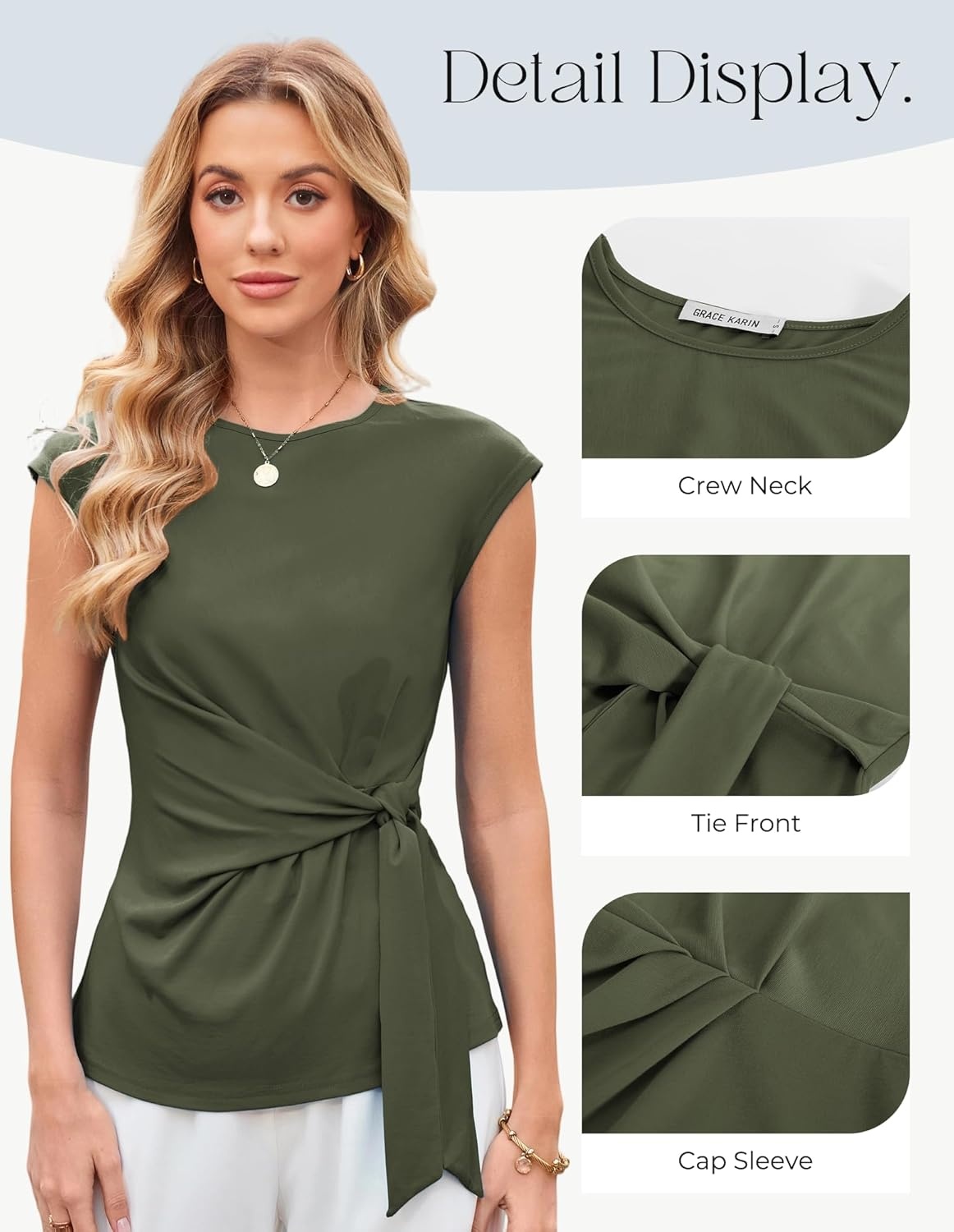 image:imageGRACE KARIN Womens Cap Sleeve Tops 2026 Summer Tie Waist Crew Neck Elegant Blouse Dressy Casual Work Business ShirtsArmy Green