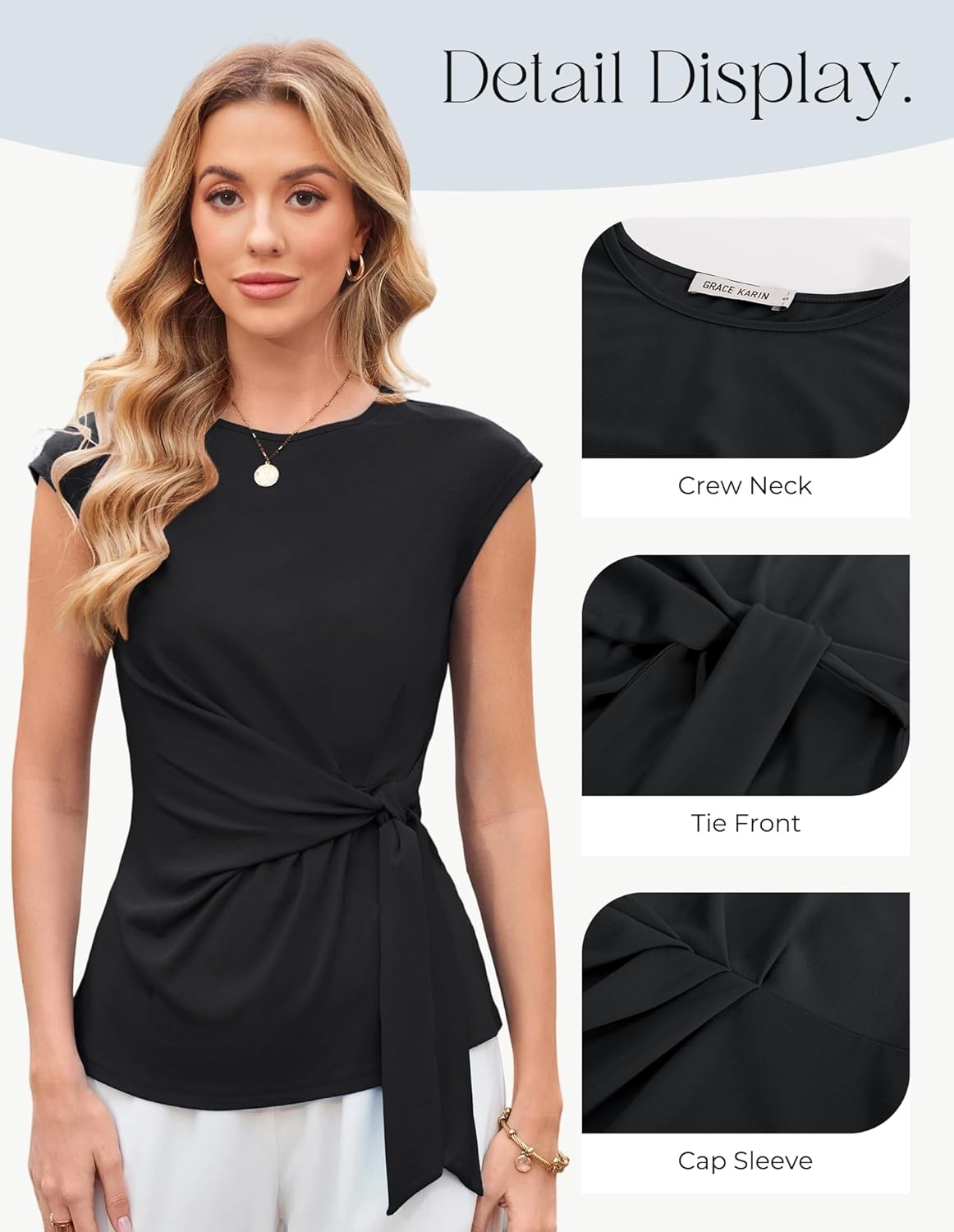 image:imageGRACE KARIN Womens Cap Sleeve Tops 2026 Summer Tie Waist Crew Neck Elegant Blouse Dressy Casual Work Business ShirtsBlack