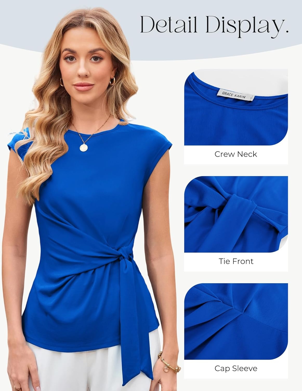 image:imageGRACE KARIN Womens Cap Sleeve Tops 2026 Summer Tie Waist Crew Neck Elegant Blouse Dressy Casual Work Business ShirtsDark Blue