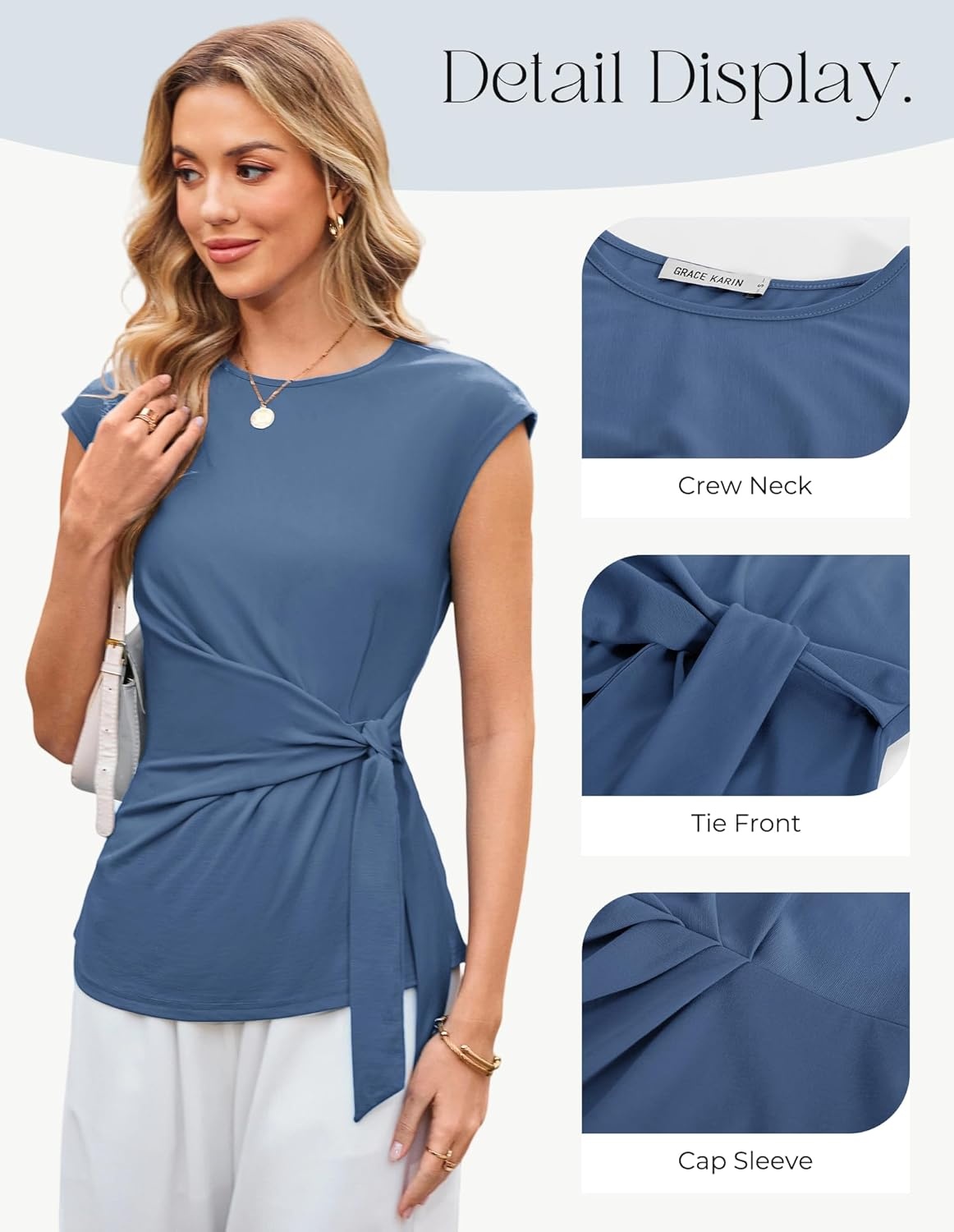 image:imageGRACE KARIN Womens Cap Sleeve Tops 2026 Summer Tie Waist Crew Neck Elegant Blouse Dressy Casual Work Business ShirtsDark Gray Blue