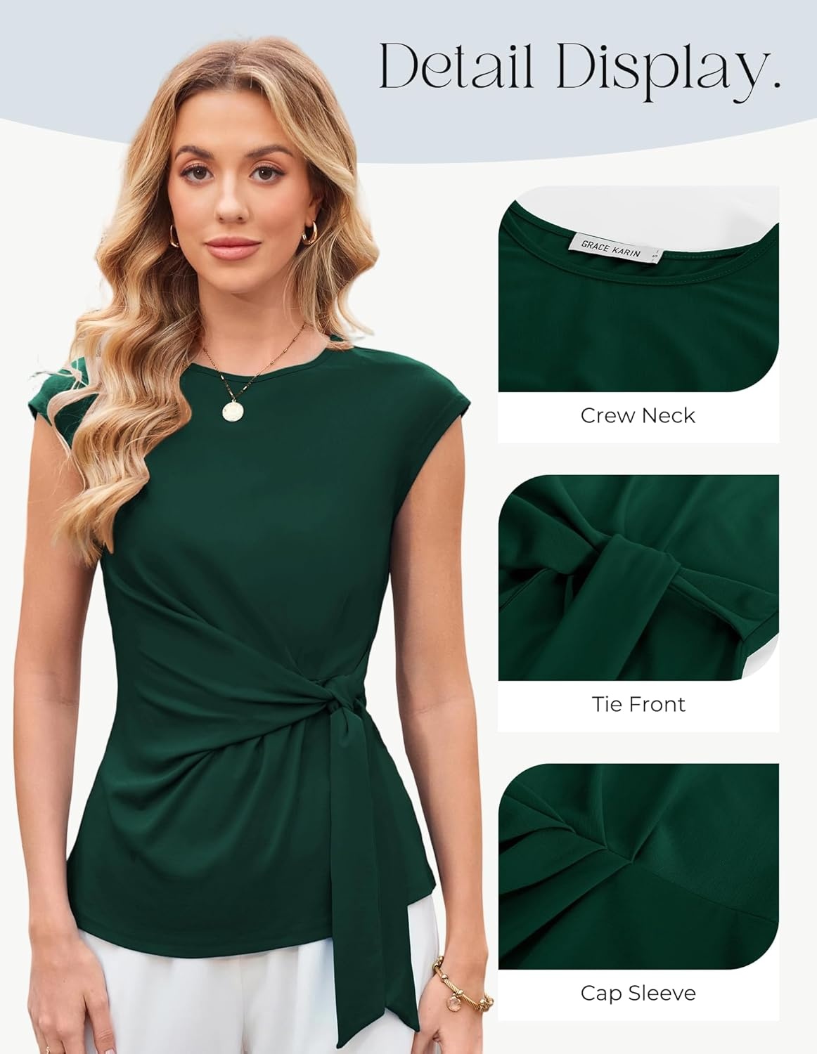 image:imageGRACE KARIN Womens Cap Sleeve Tops 2026 Summer Tie Waist Crew Neck Elegant Blouse Dressy Casual Work Business ShirtsDark Green
