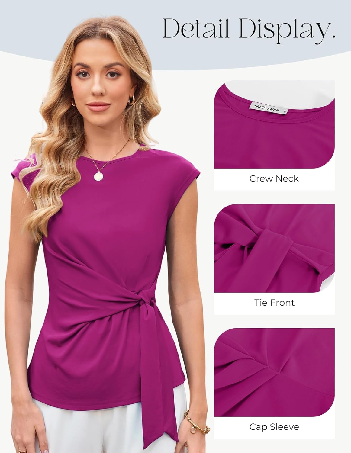 image:imageGRACE KARIN Womens Cap Sleeve Tops 2026 Summer Tie Waist Crew Neck Elegant Blouse Dressy Casual Work Business ShirtsDark Rose Red