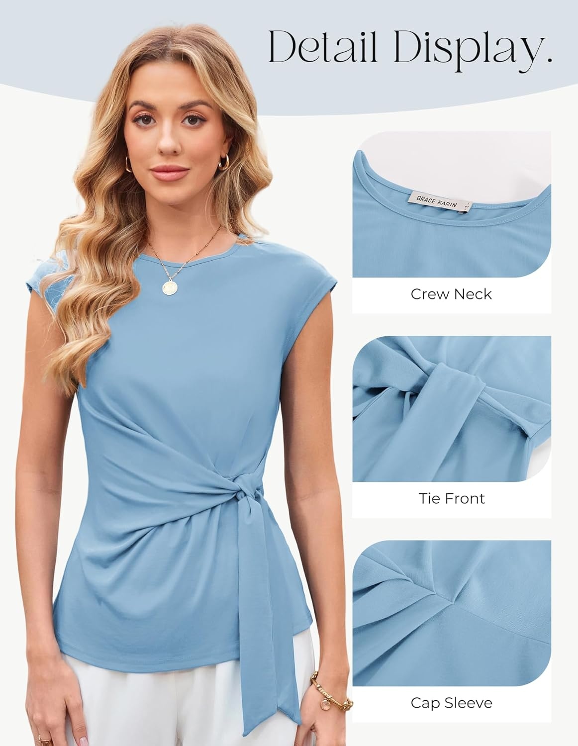 image:imageGRACE KARIN Womens Cap Sleeve Tops 2026 Summer Tie Waist Crew Neck Elegant Blouse Dressy Casual Work Business ShirtsGray Blue