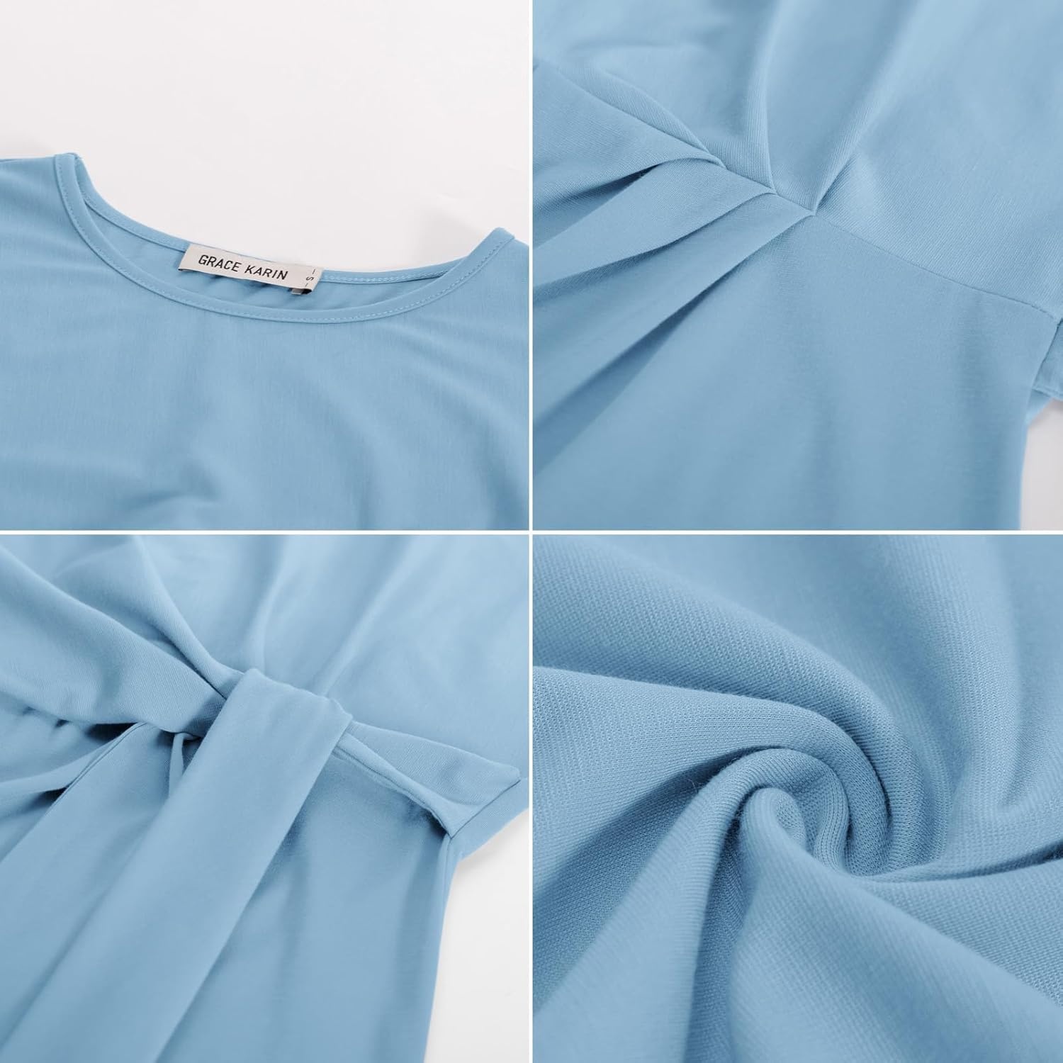 image:imageGRACE KARIN Womens Cap Sleeve Tops 2026 Summer Tie Waist Crew Neck Elegant Blouse Dressy Casual Work Business ShirtsGray Blue