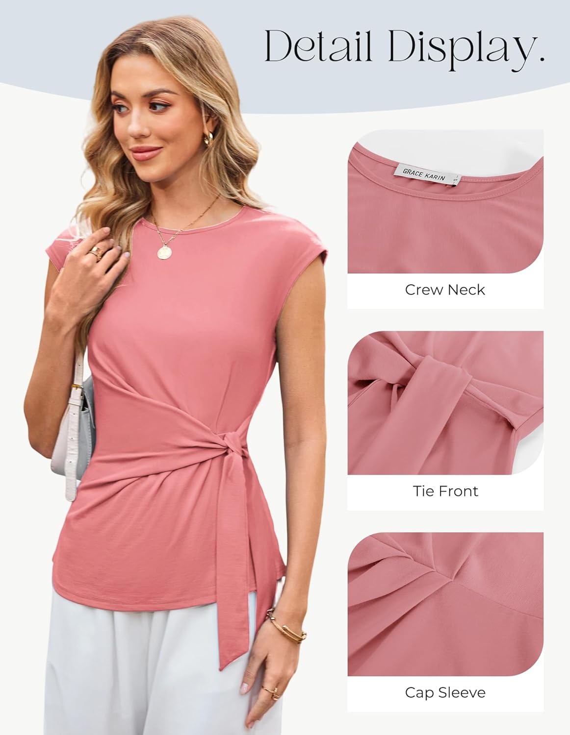 image:imageGRACE KARIN Womens Cap Sleeve Tops 2026 Summer Tie Waist Crew Neck Elegant Blouse Dressy Casual Work Business ShirtsGray Pink